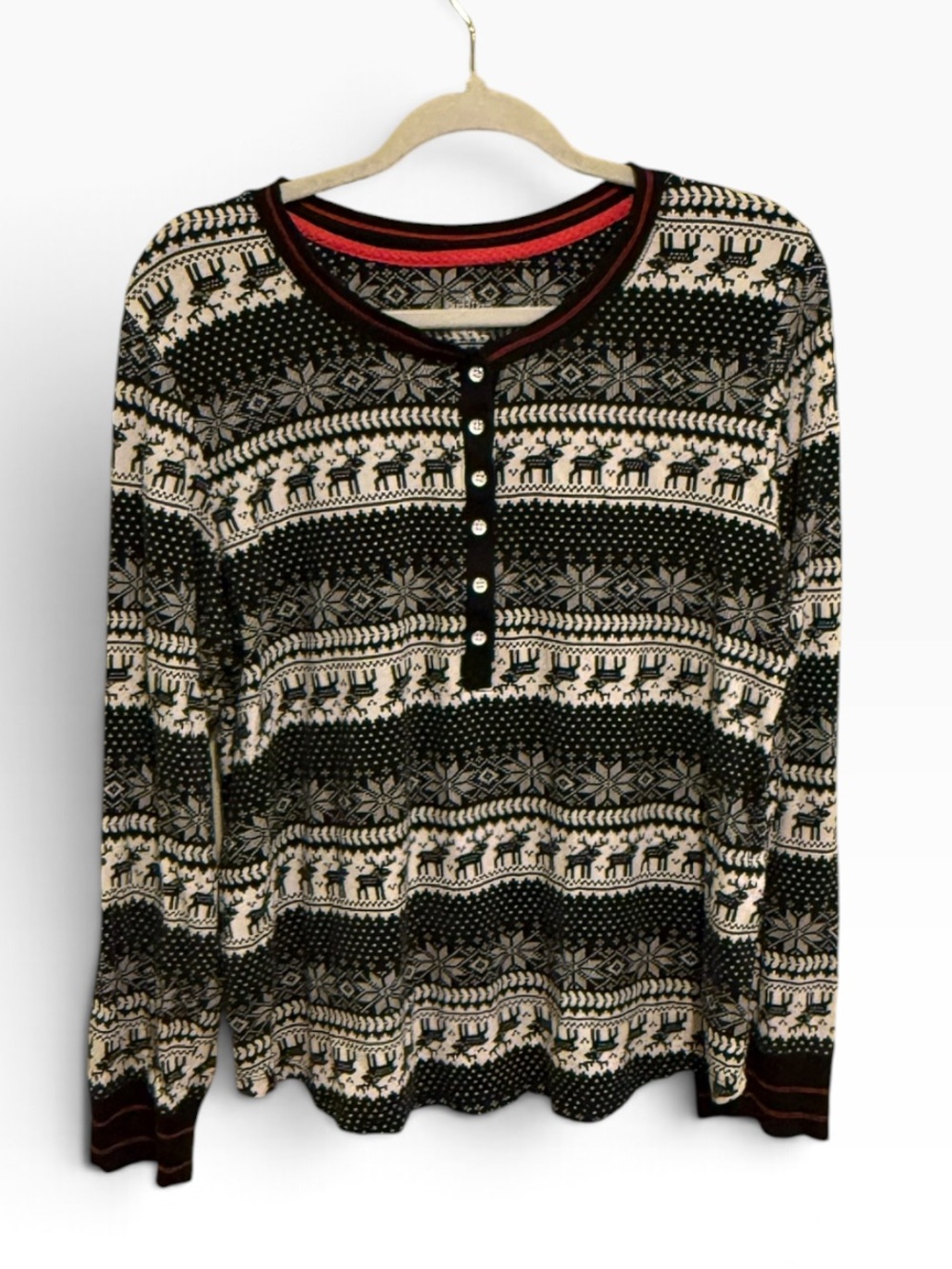 Cuddl Duds Black and Cream Fair Isle Henley Sweater with Red Trim